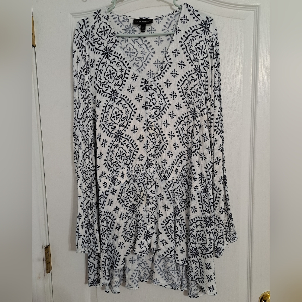 Womens Hi-low Lane Bryant Long Sleeve Blue & White Rayon Shirt Size 22